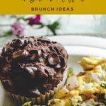 A chocolate hazelnut muffin sits on a plate next to scrambled eggs with vegetables. Text above reads, Dairy-Free & Gluten-Free Chocolate Chip Muffins Brunch Ideas. Website link appears at the bottom.