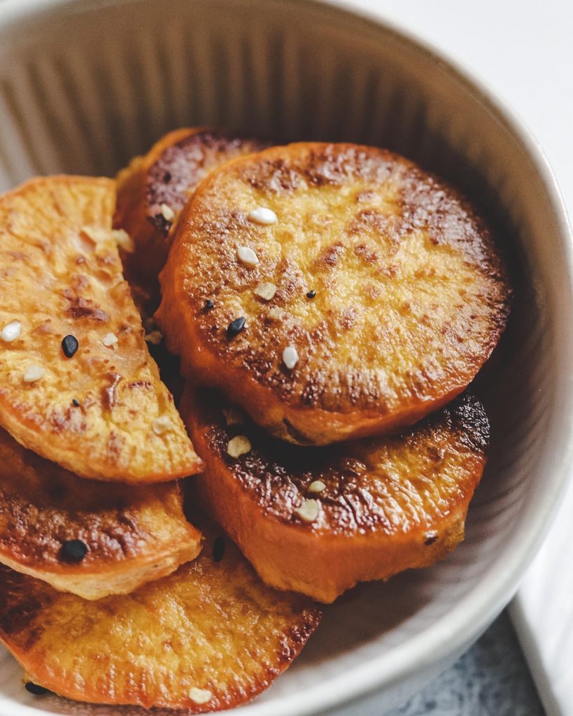 sweet potatoes in a white bowl
