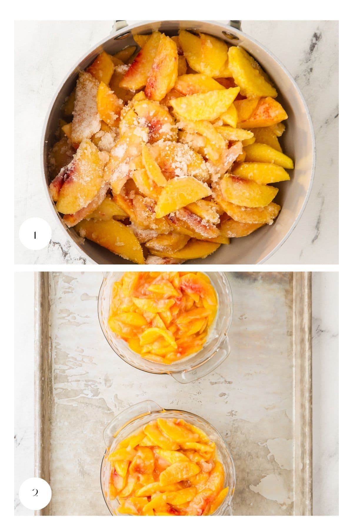 Image 1: Sliced peaches in a pot, sprinkled with sugar, ready to become a delicious mini peach cobbler. Image 2: Cooked peaches in two glass bowls on a baking sheet, the perfect base for individual servings of mini peach cobbler.