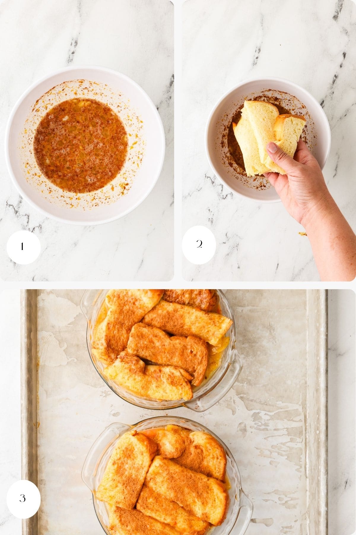 Step-by-step images show: 1) a bowl of spiced egg mixture, 2) a hand dipping bread into the mixture, 3) dipped bread arranged in two glass baking dishes on a metal tray—perfect preparation before serving alongside your favorite mini peach cobbler.