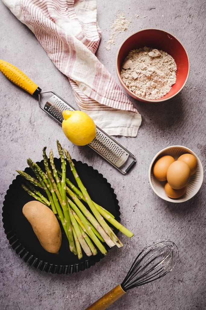 ingredients for spring asparagus tart with sweet potato crust.