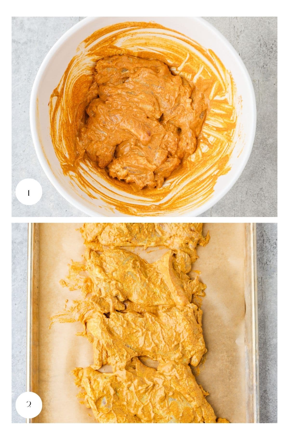 Two images: The first shows chicken marinating. The second shows the chicken divided into uneven portions on a parchment-lined baking sheet—similar to prepping greek yogurt chicken for roasting.