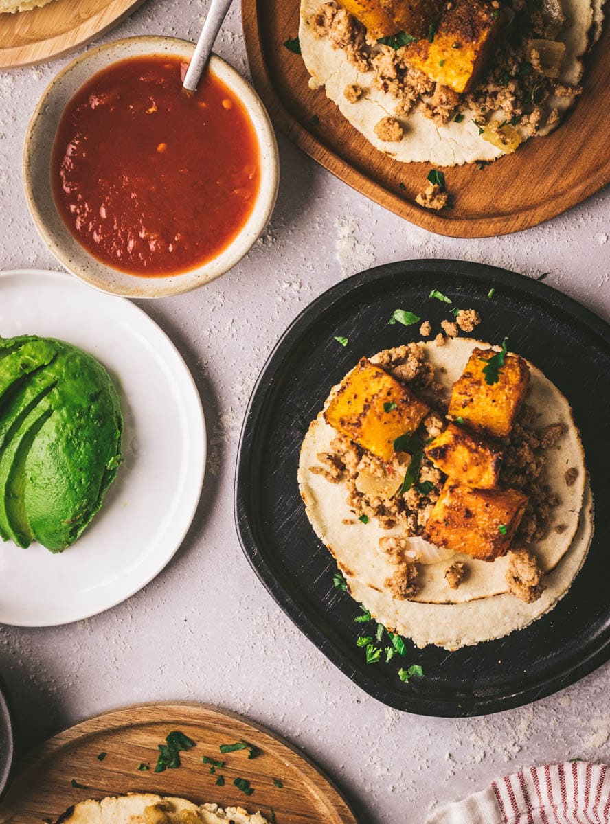roasted butternut squash and ground turkey tacos.