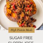 A baked sweet potato topped with chunky, colorful sugar free sloppy joe's, served on a white plate. Text below reads: High Protein Meals. Sugar Free Sloppy Joe’s. whensaltyandsweetunite.com.