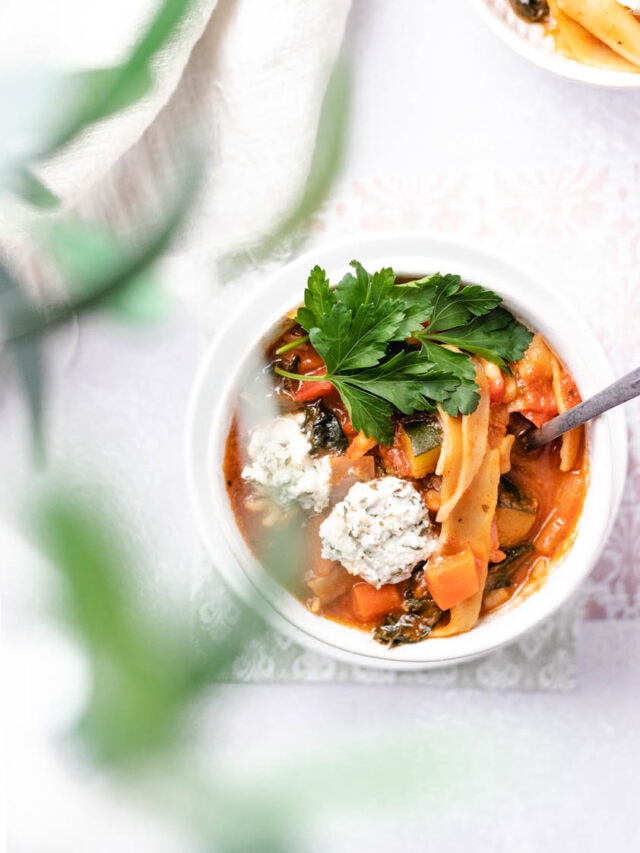 Vegetarian Lasagna Soup with Herbed Ricotta and Kale