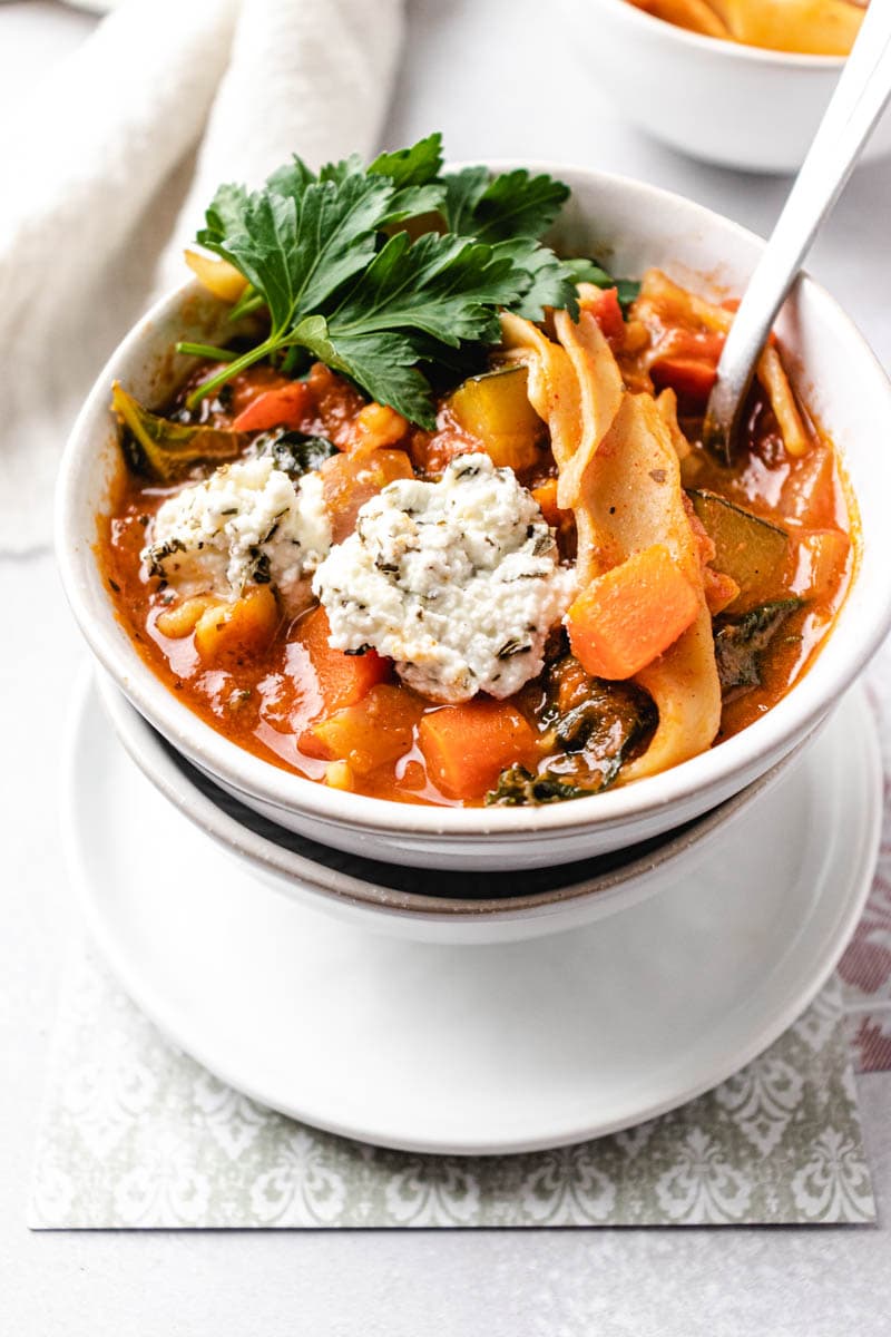 Vegetarian Lasagna Soup with Herbed Ricotta and Kale