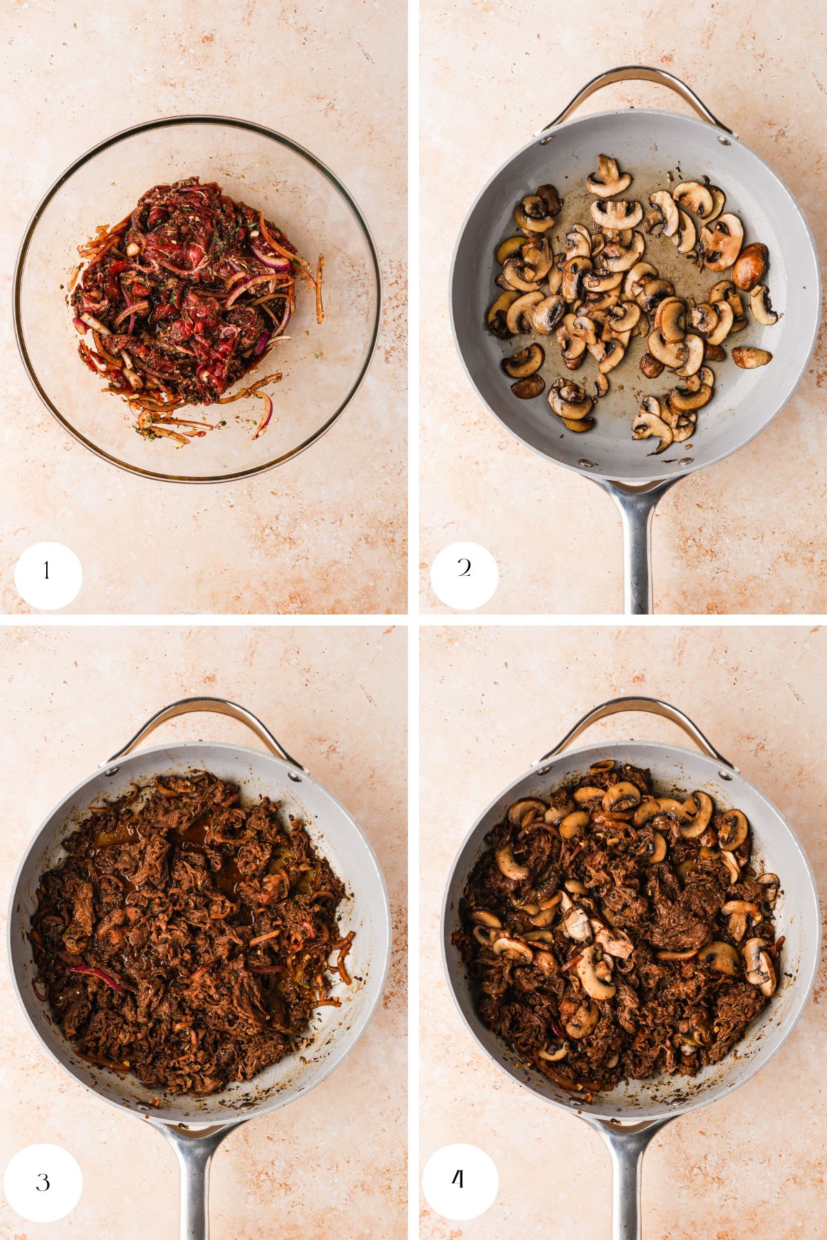 Step-by-step cooking process: 1) Marinated beef and onions in a bowl. 2) Sliced mushrooms cooking in a pan. 3) Shredded shaved steak recipe mixture in the pan. 4) Beef and mushrooms mixed together in the pan.