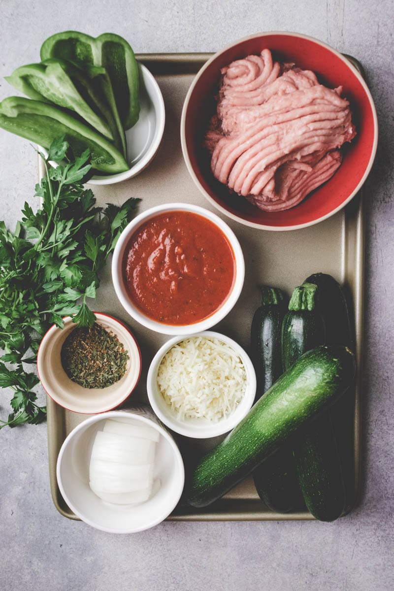 ingredients for ground turkey zucchini boats.