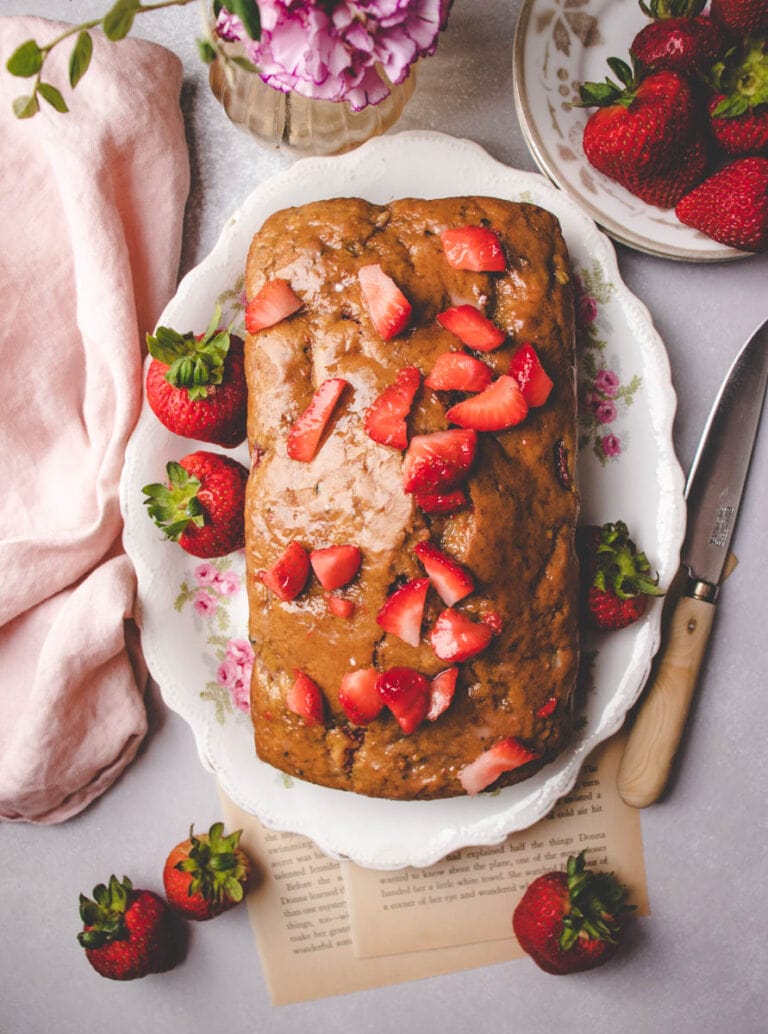 fresh strawberry zucchini quick bread with glaze