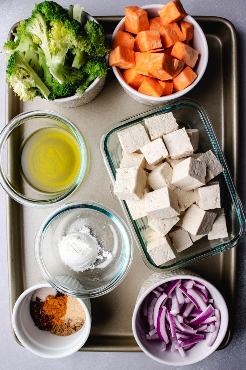 ingredients for sheet pan tofu and sweet potatoes