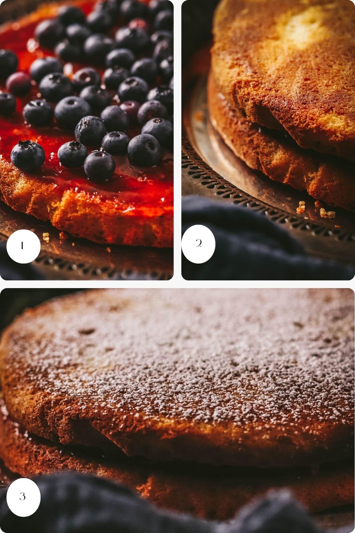 Three steps of making a gluten free lemon cake: 1. Cake layer topped with berries and jam, 2. Second cake layer placed on top, 3. Finished cake dusted with powdered sugar.