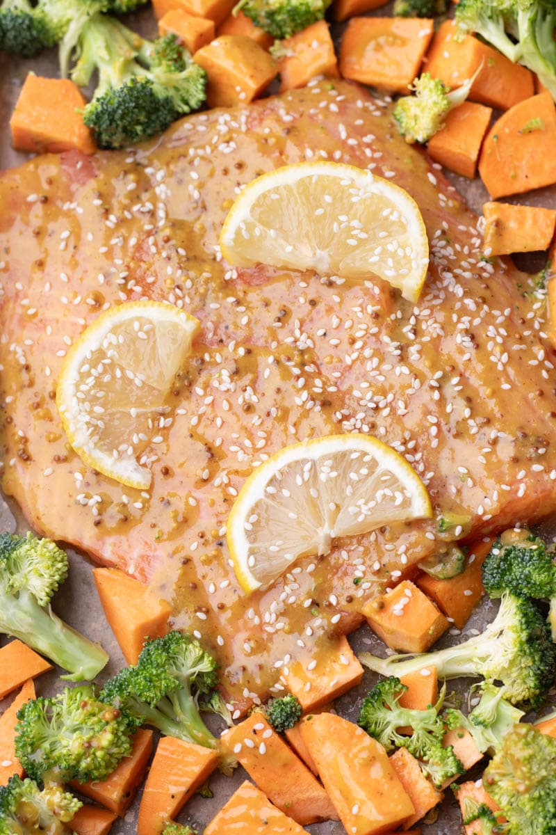 Sheet-Pan Honey Salmon with Sweet Potato and Broccoli