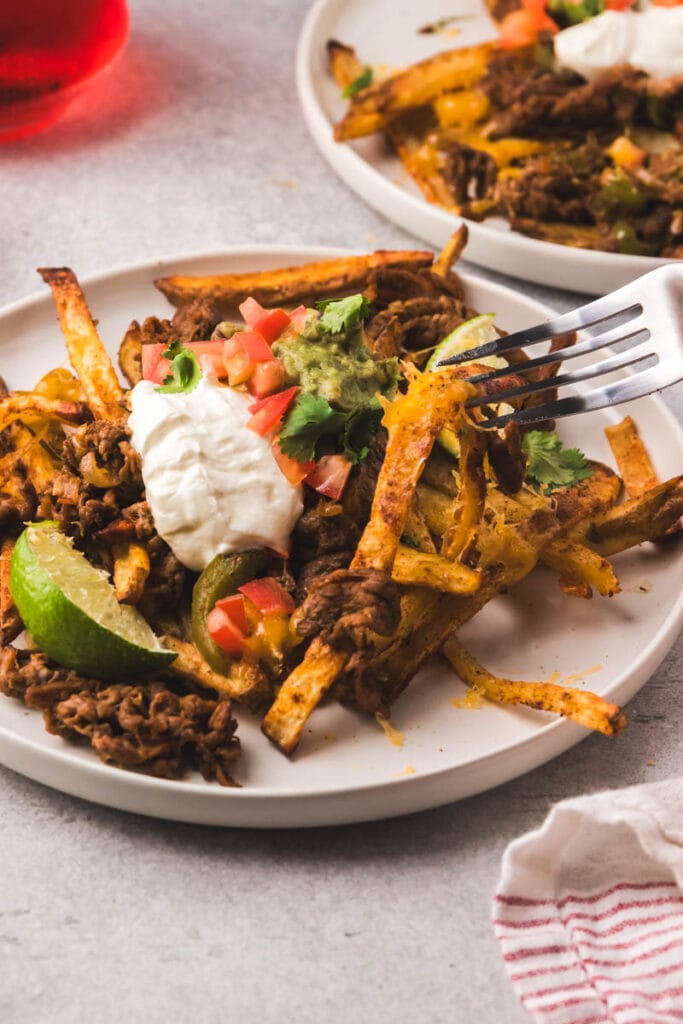 lifting the carne asada fries off of the plate