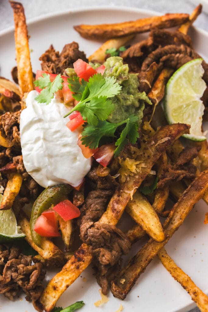 close up shot of carne asada fries