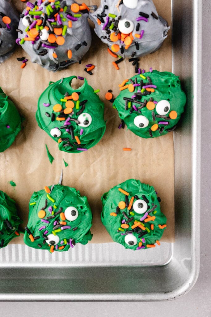easy monster cake balls on a sheet pan
