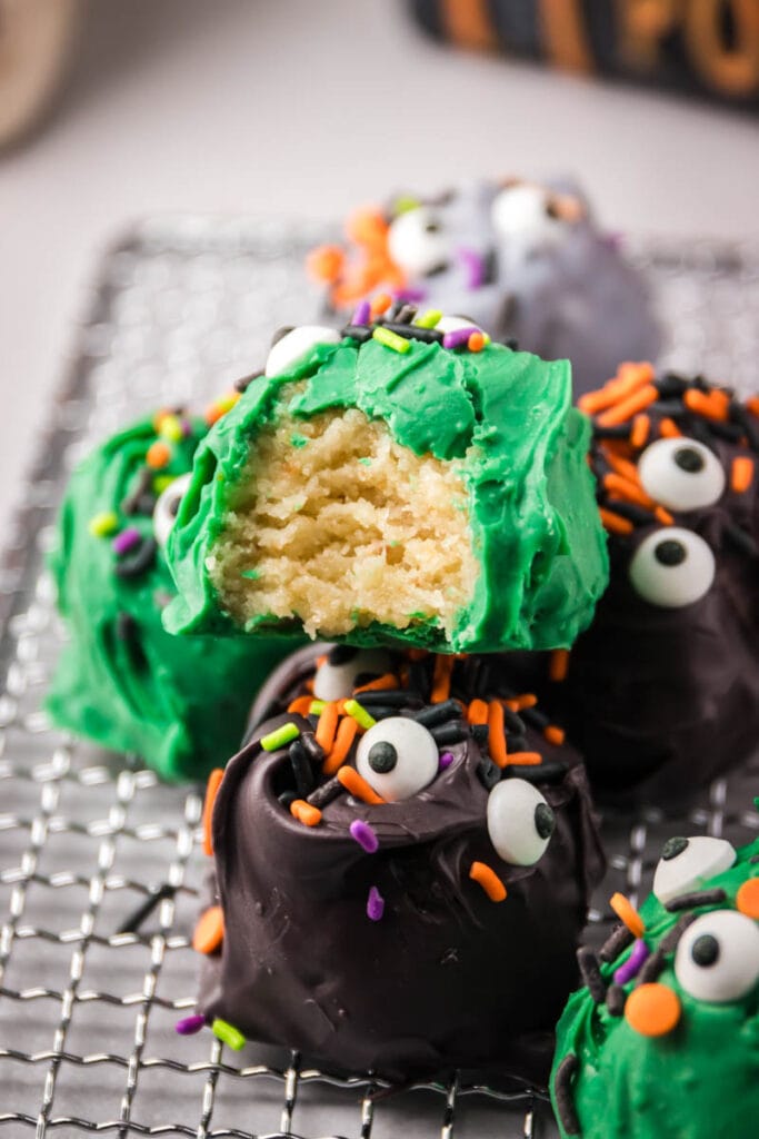 close up shot of cake ball bitten into