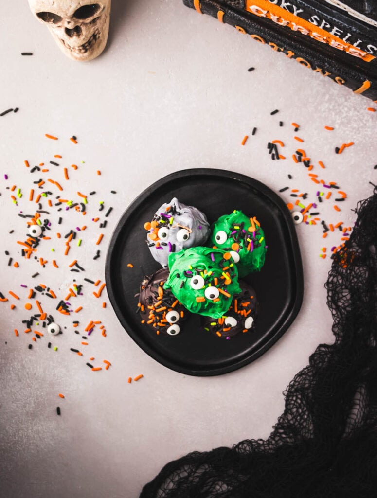 easy monster cake balls on a plate