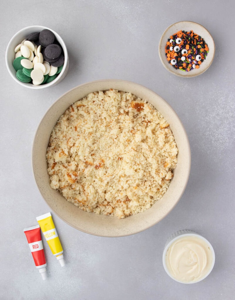 crumbled cake in a bowl