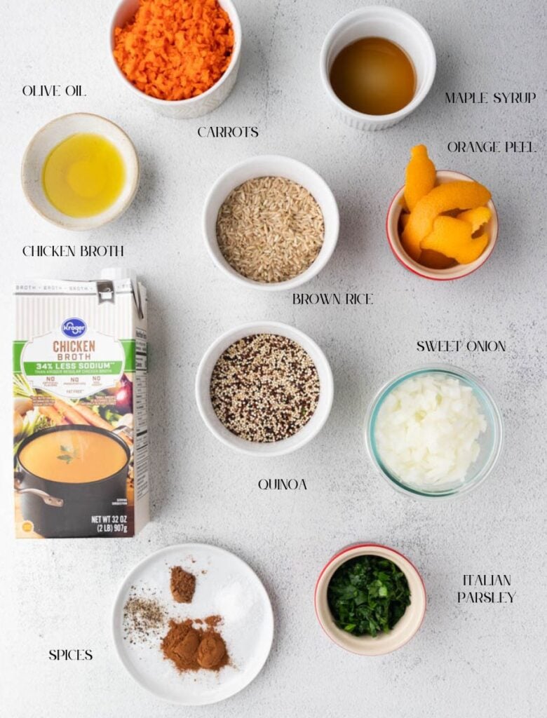 Ingredients for Healthy Brown Rice and Quinoa Pilaf with Carrots.