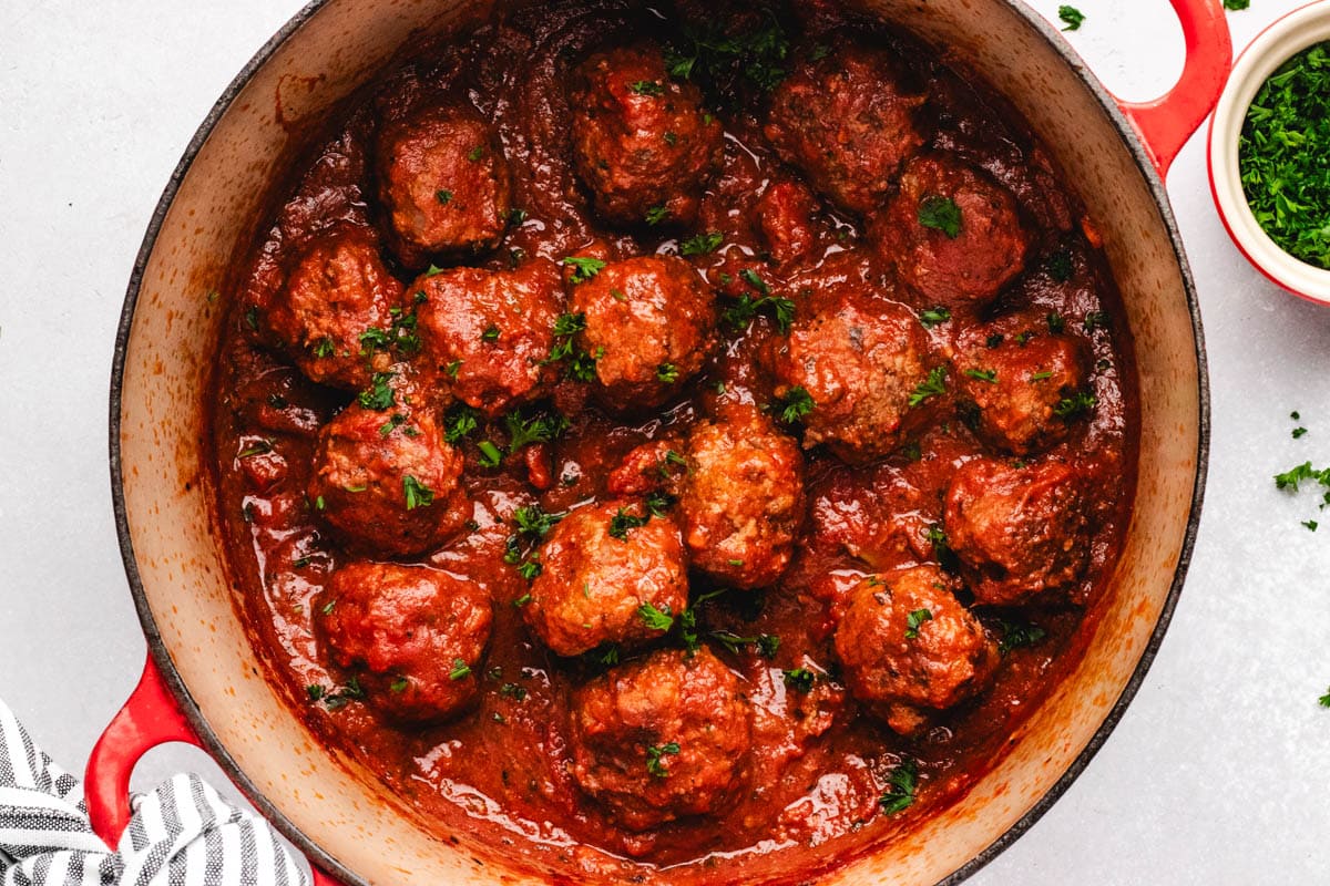 Braised Italian Ground Bison Meatballs with Marinara