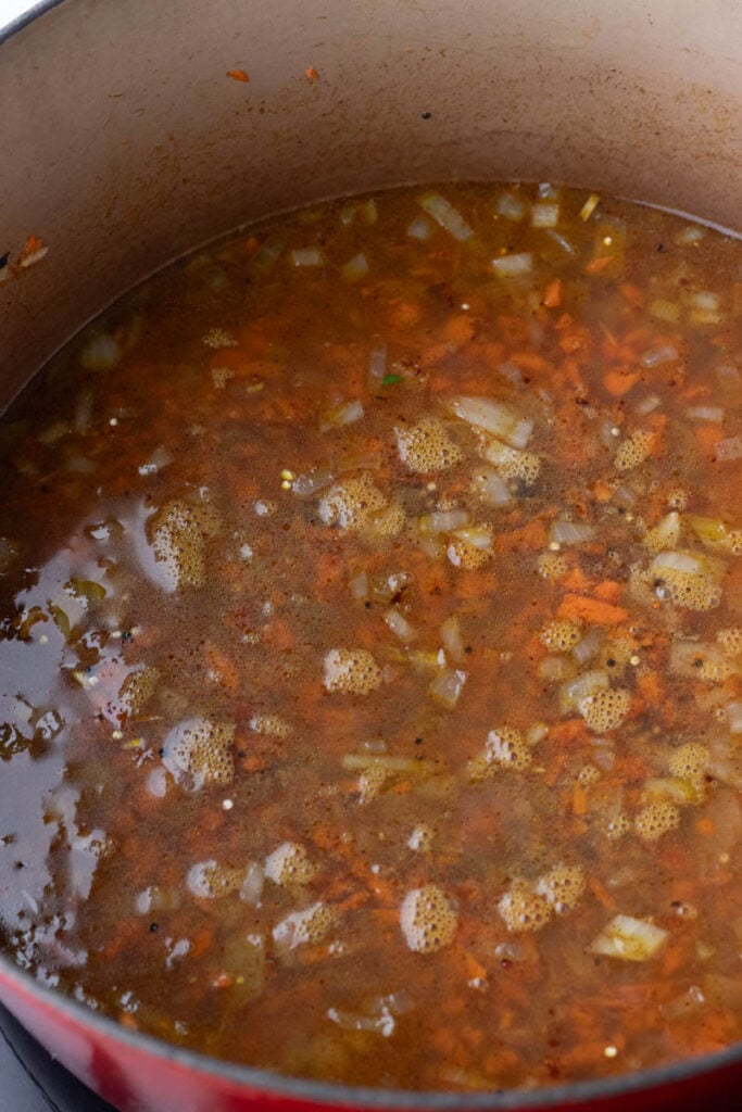 Process shot of pilaf cooking.