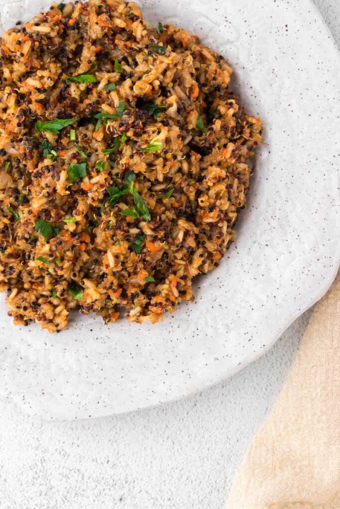Brown Rice and Quinoa Pilaf with Carrots.