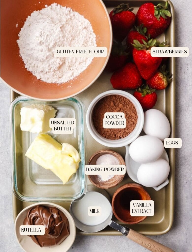 ingredients for chocolate strawberry nutella cake.