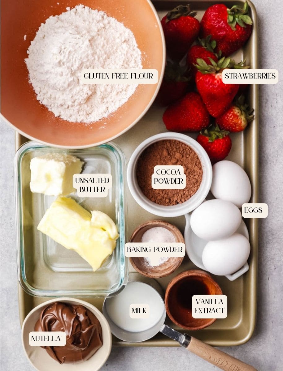 ingredients for chocolate strawberry nutella cake. 