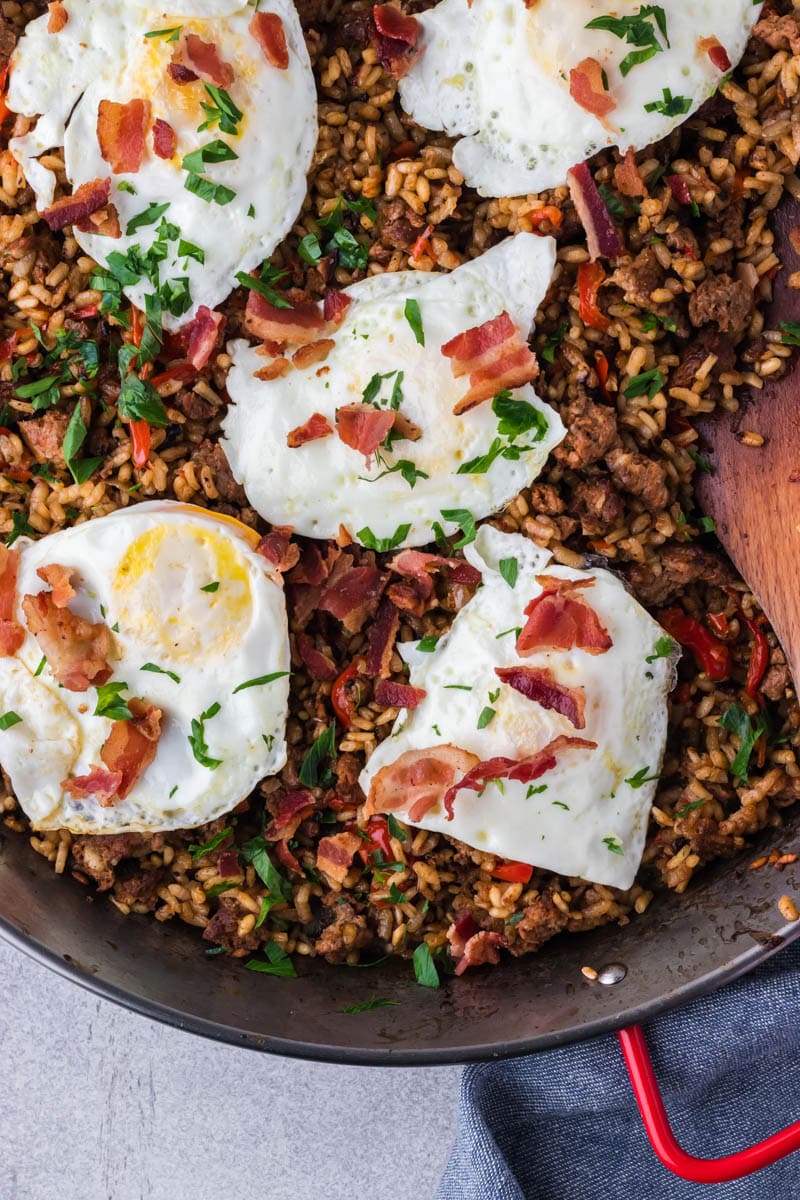 Easy Breakfast Chorizo Paella with Bacon and Eggs.