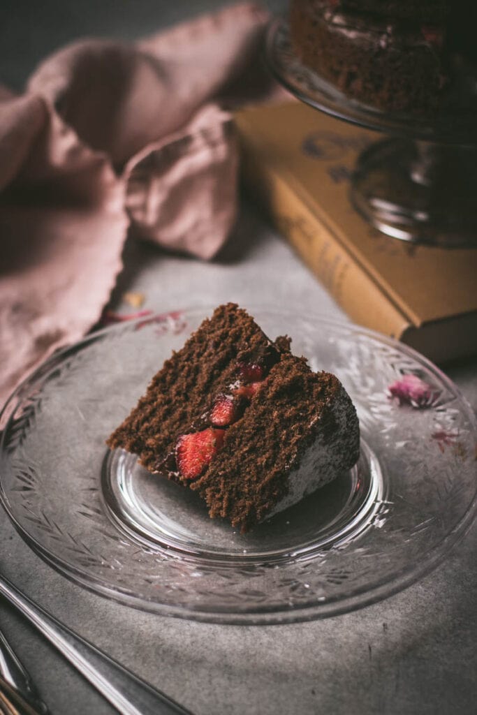Slice of chocolate strawberry nutella cake.