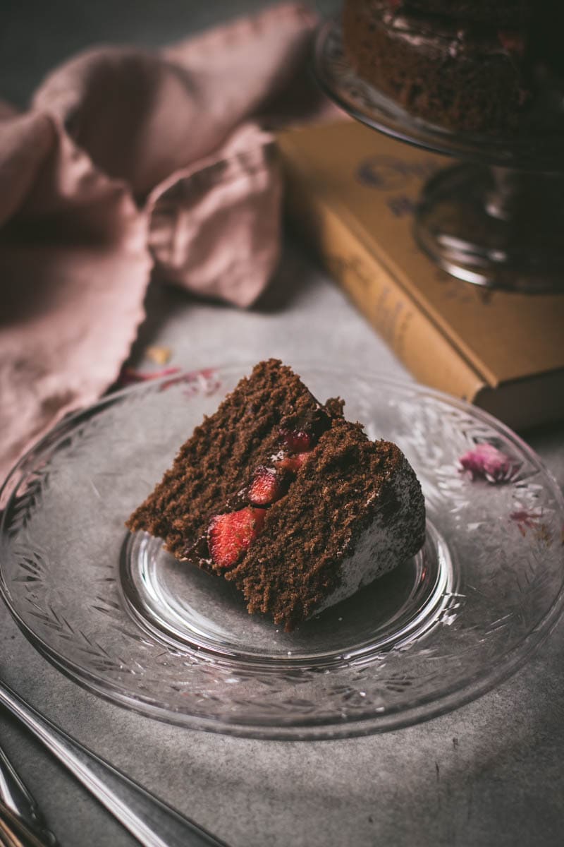 Slice of chocolate strawberry nutella cake. 