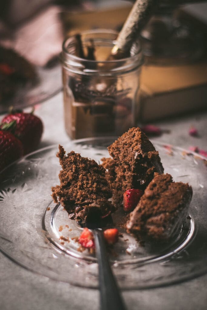 Slice of chocolate strawberry nutella cake.