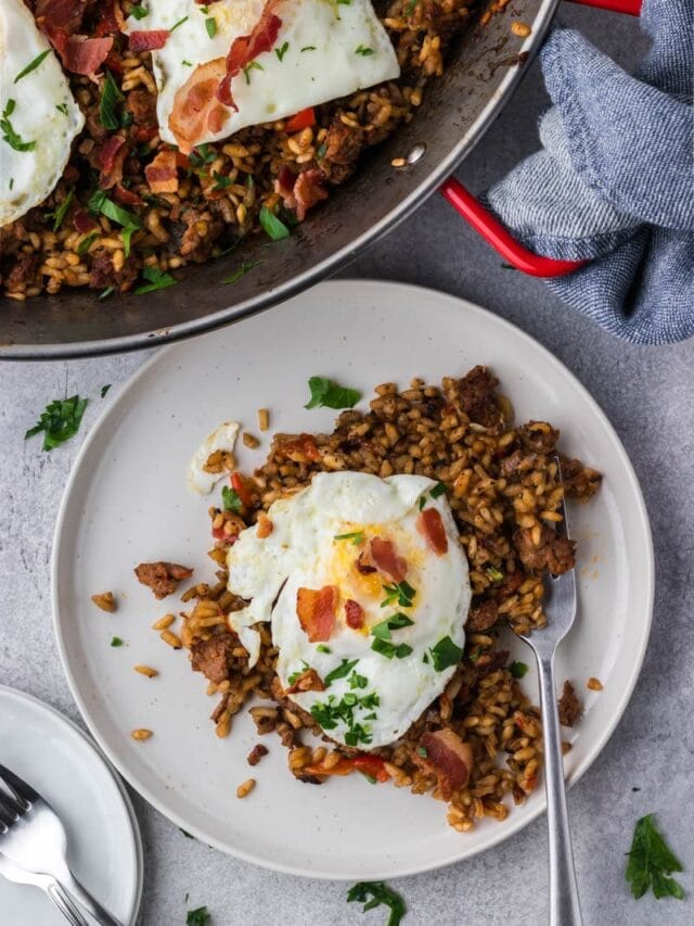 Easy Breakfast Chorizo Paella with Bacon and Eggs