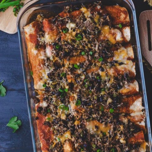 Bison enchiladas in a casserole dish .