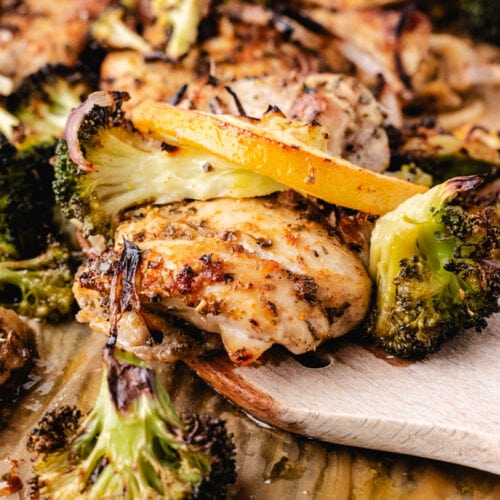 Close up picture of Best Whole30 Sheet Pan Chicken Thighs with Broccoli.
