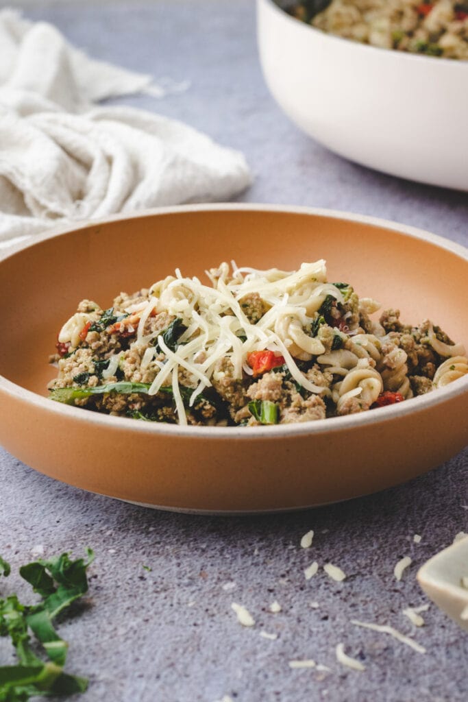 Ground Turkey Pesto Pasta with Kale in a bowl.