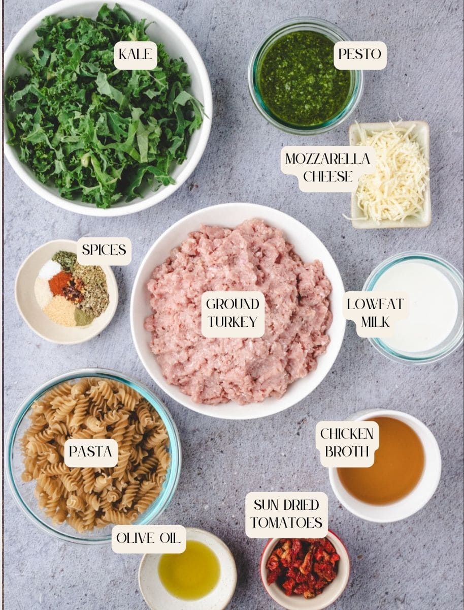 Ingredients for ground turkey pesto pasta.