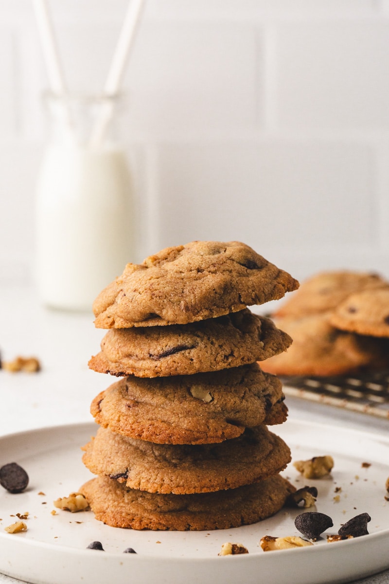 stack of chocolate chip walnut cookies