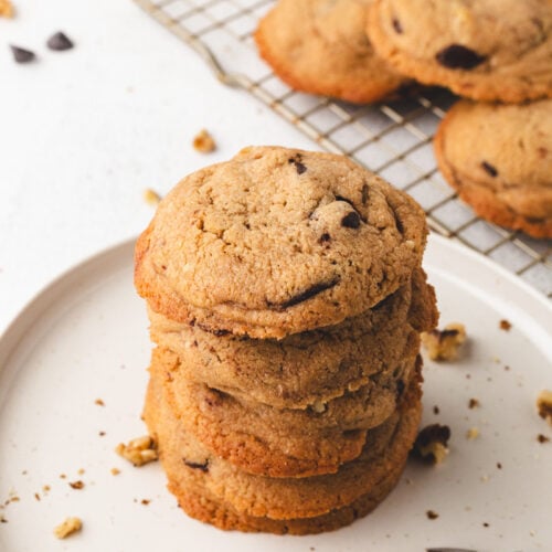 stack of chocolate chip walnut cookies.