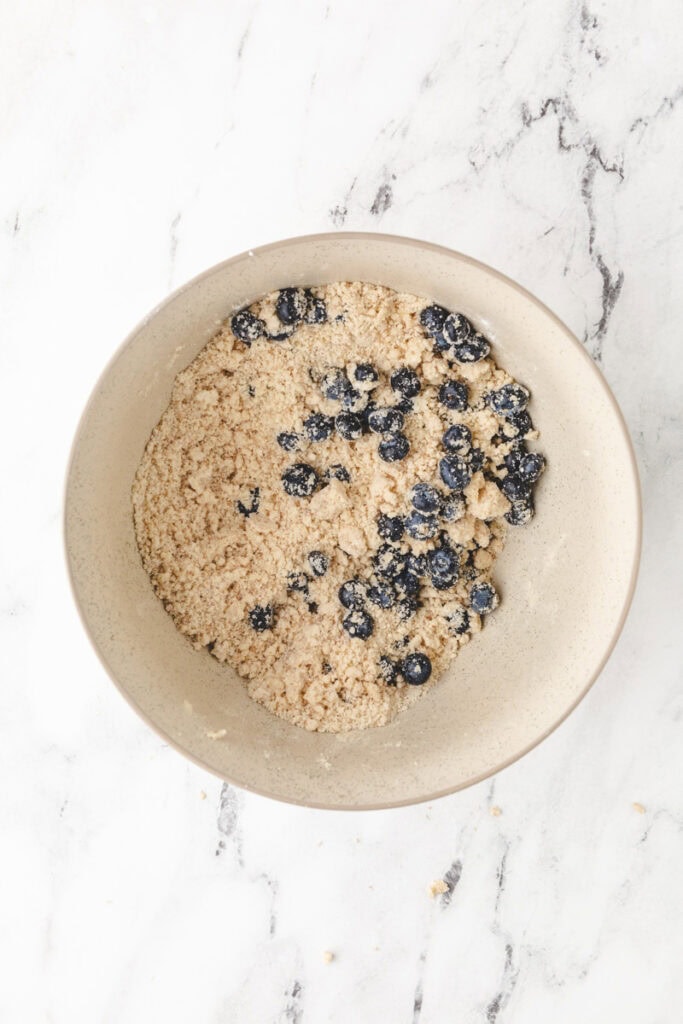 added blueberries to flour mixture in a bowl.