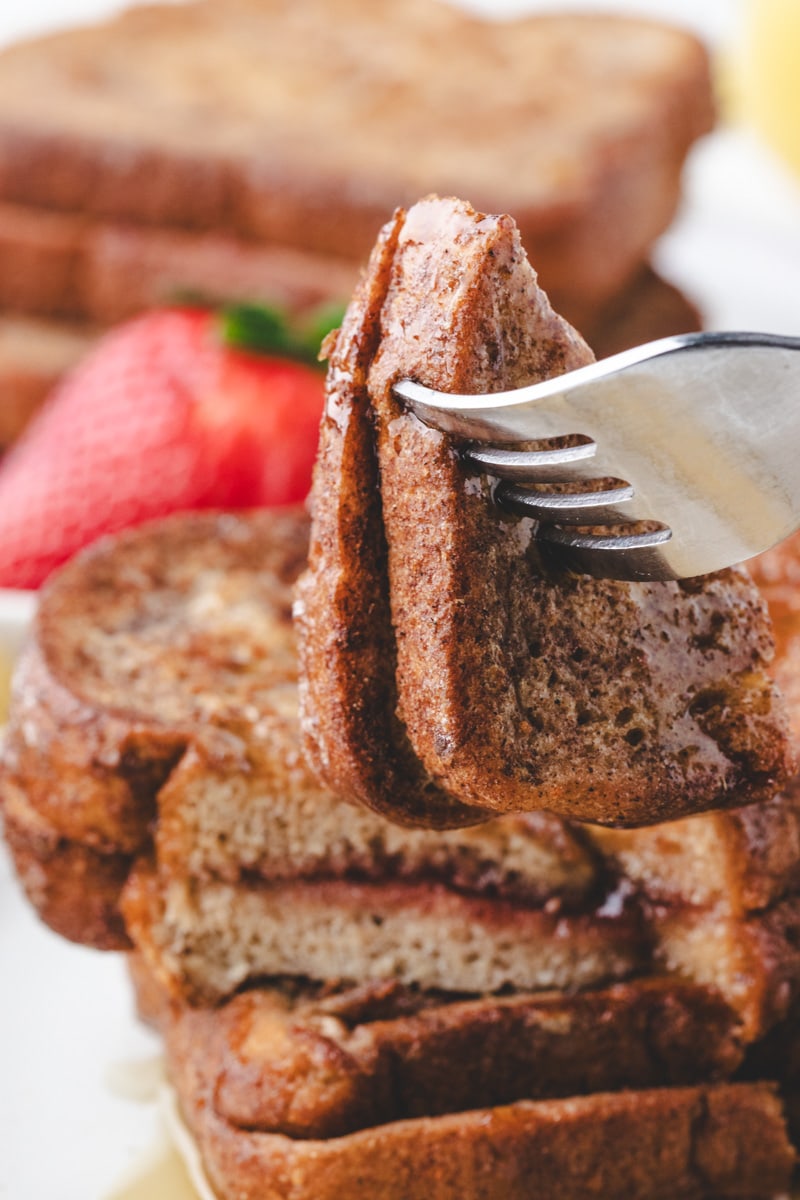 close up of bite of french toast.