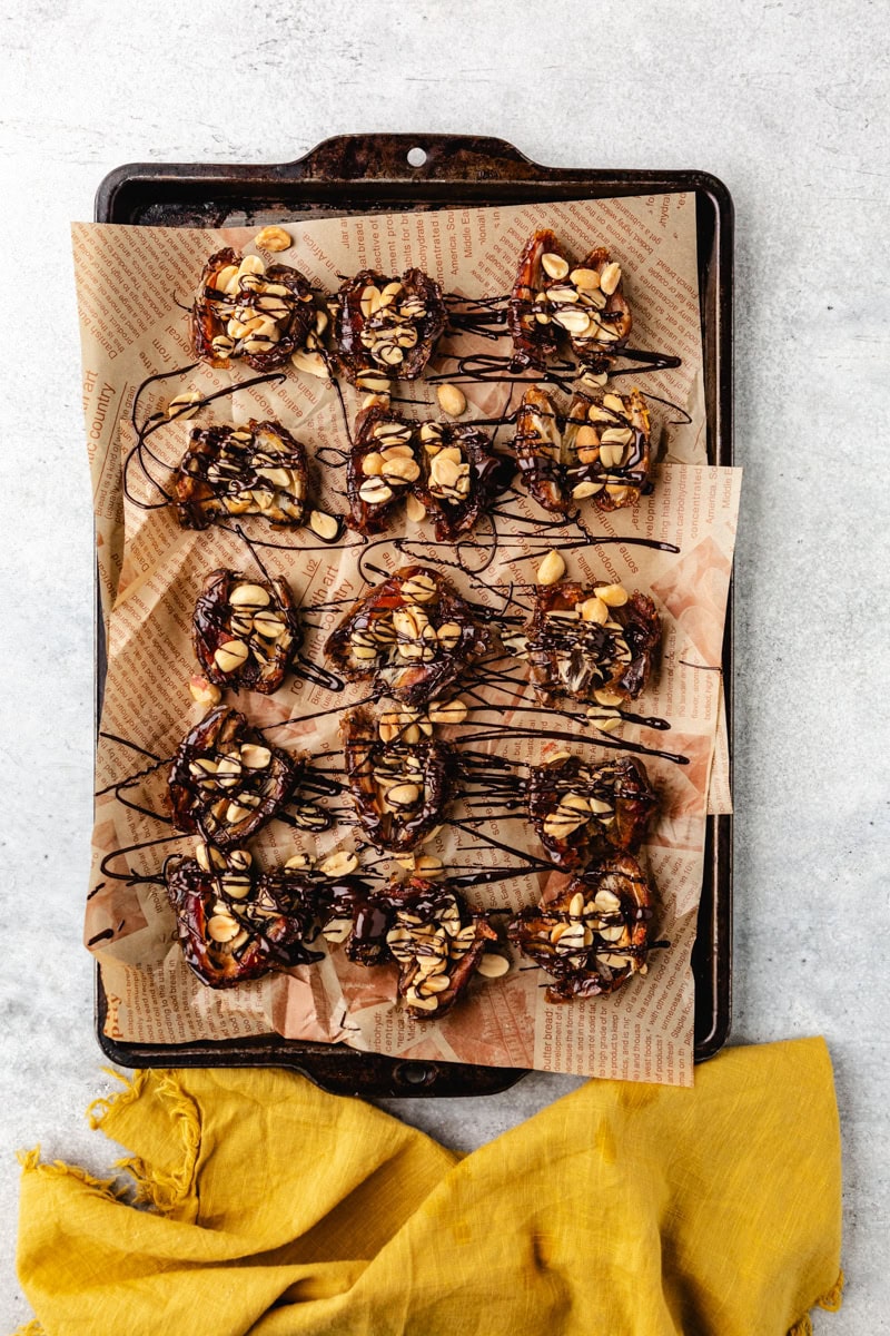 Chocolate drizzle all over the dates.