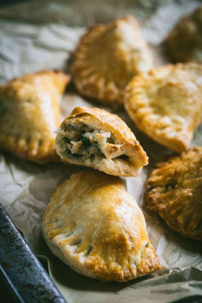 close up of a bite of empanada.