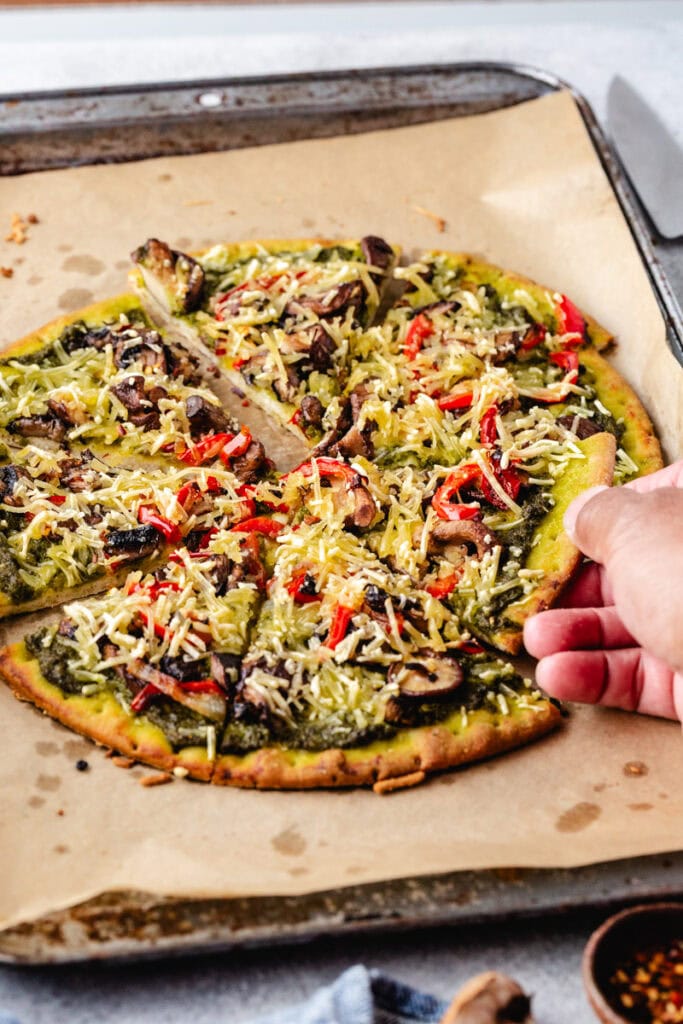 hand grabbing a pizza slice.