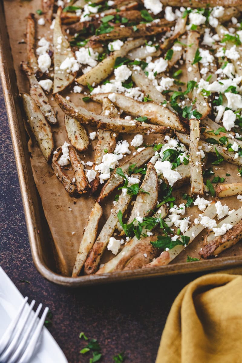 close up of za'atar fries with feta