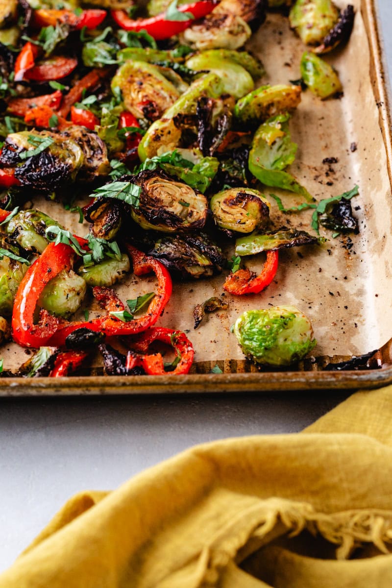 roasted red peppers and whole 30 brussel sprouts.