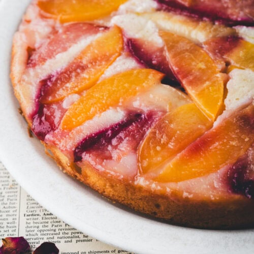 close up shot of Stone Fruit Upside Down Cake