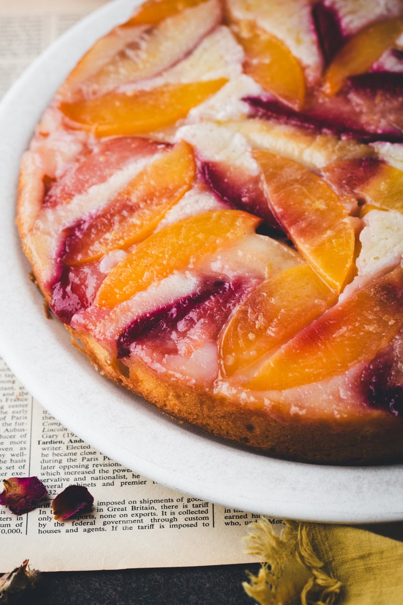 close up shot of Stone Fruit Upside Down Cake