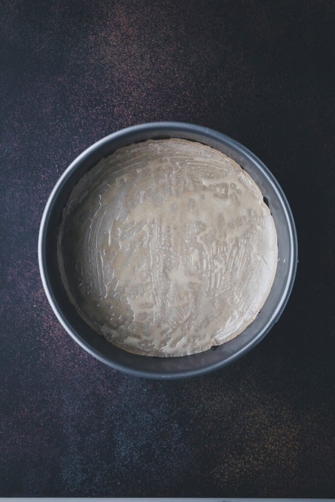 parchment paper in a cake pan.