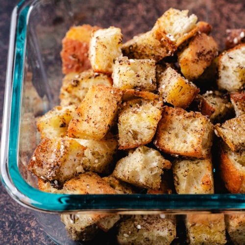 croutons in a glass storage container